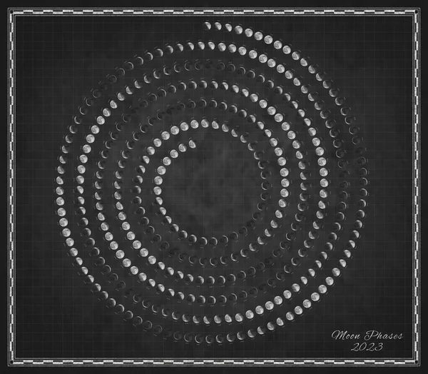 Kalendarz Księżyca 2023 Spiralne Fazy Księżyca Czarnym Tle — Zdjęcie stockowe