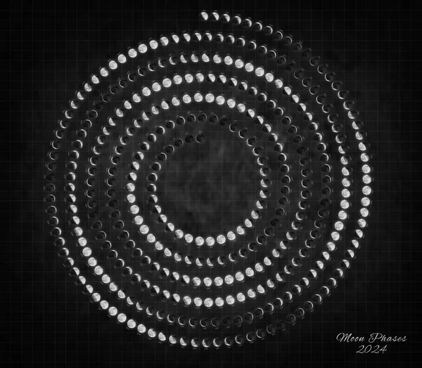 Moon Calendar 2024, Spiral Moon Phases on Black Background