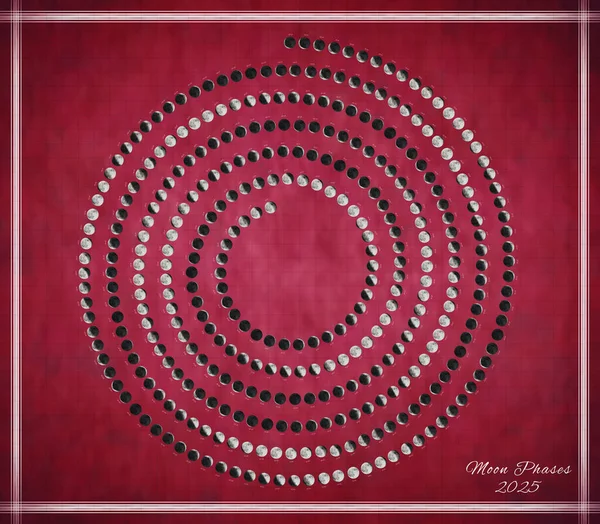 Moon Calendar 2025, Spiral Moon Phases on Red Background