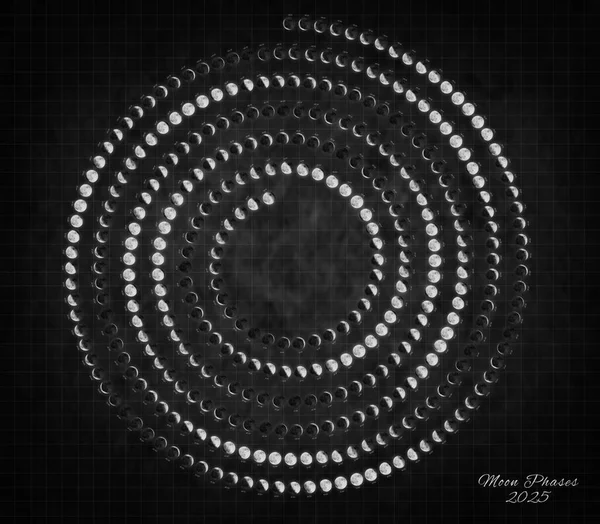 Moon Calendar 2025, Spiral Moon Phases on Black Background