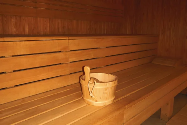 Holzsauna Innenraum Holzbeheizte Sauna Mit Eimer — Stockfoto