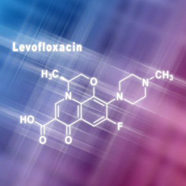 Levofloxacin antibiyotik ilaç, yapısal kimyasal formül mavi pembe arkaplan