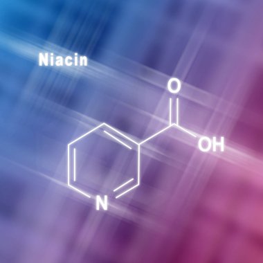 Niacin (nicotinic acid) molecule, vitamin B3 Structural chemical formula blue pink background clipart