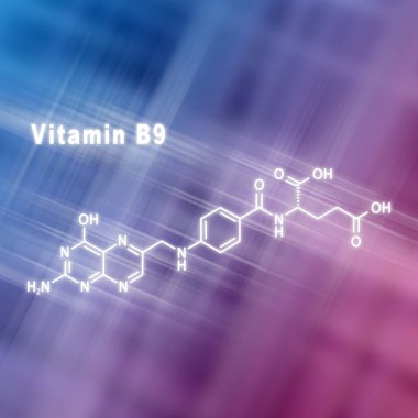 B9 vitamini, folik asit, yapısal kimyasal formül mavi pembe zemin