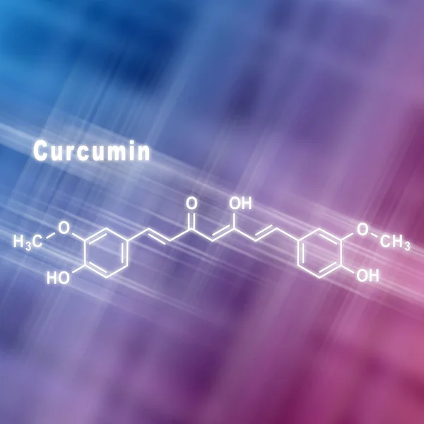 Kurkumin Kurkuma Koření Strukturní Chemický Vzorec Modrá Růžová Pozadí — Stock fotografie