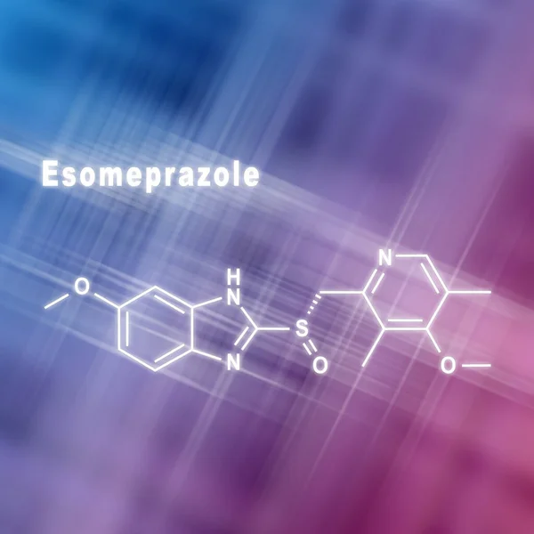 Esomeprazole, reduces stomach acid Structural chemical formula blue pink background