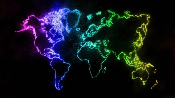 Mappa Del Mondo Colorata Sfondo Scuro Arcobaleno Incandescente Mappa Del — Foto Stock