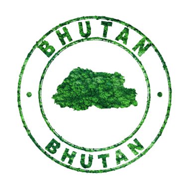 Bhutan Haritası, Posta Damgası, Sürdürülebilir Geliştirme, CO2 emisyon konsepti, kırpma yolu