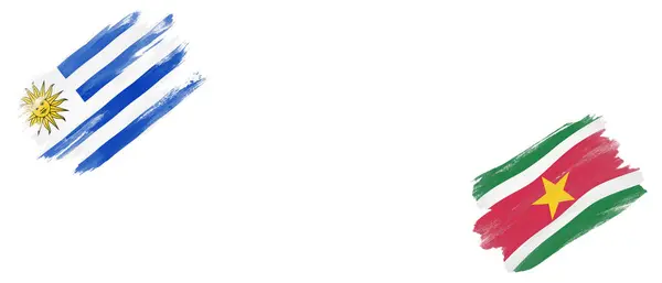 ホワイトバックグラウンドのウルグアイとスリナムの旗 — ストック写真
