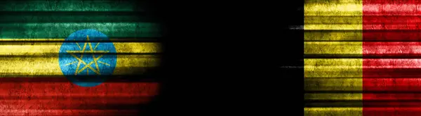 Äthiopien Und Belgien Fahnen Auf Schwarzem Hintergrund — Stockfoto