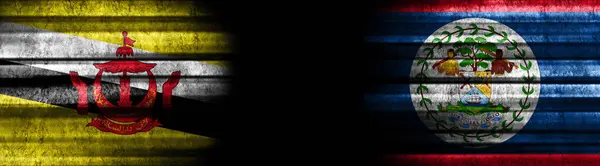 ブラックバックグラウンドのブルネイとベリーズの旗 — ストック写真