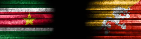 Banderas Surinam Bután Sobre Fondo Negro —  Fotos de Stock