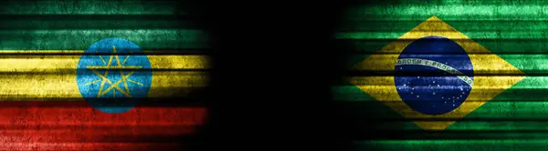 Ethiopië Brazilië Vlaggen Zwarte Achtergrond — Stockfoto