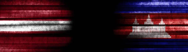 Banderas Letonia Camboya Sobre Fondo Negro — Foto de Stock
