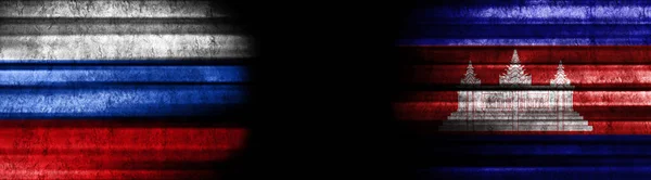Russia Cambodia Flags Black Background — Stock Photo, Image