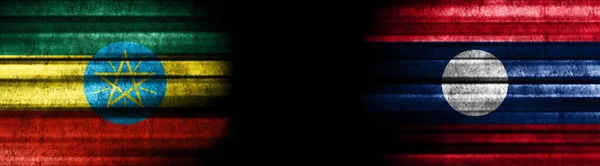 Etiopien Och Laos Flaggor Svart Bakgrund — Stockfoto