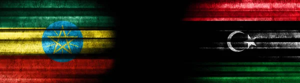 Etiópia Líbia Zászlói Fekete Háttérről — Stock Fotó