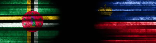 ドミニカとリヒテンシュタインの黒い背景の旗 — ストック写真