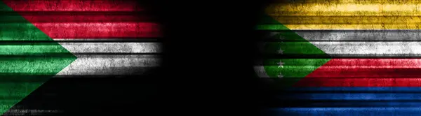 Sudão Comores Bandeiras Fundo Preto — Fotografia de Stock