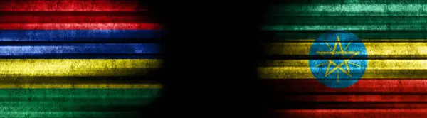 Mauritius Och Etiopien Flaggor Svart Bakgrund — Stockfoto