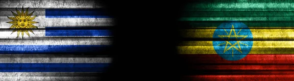 Σημαίες Της Ουρουγουάης Και Της Αιθιοπίας Μαύρο Φόντο — Φωτογραφία Αρχείου