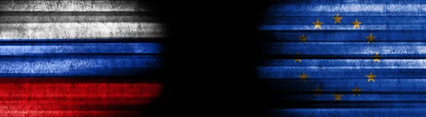 Russia European Union Flags Black Background — Stock Photo, Image
