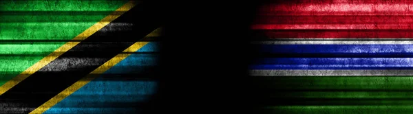 Bandeiras Tanzânia Gâmbia Fundo Preto — Fotografia de Stock