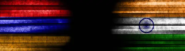 Armenië India Vlaggen Zwarte Achtergrond — Stockfoto