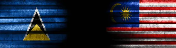Saint Lucia Maleisië Vlaggen Zwarte Achtergrond — Stockfoto