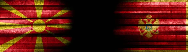 Nordmazedonien Und Montenegro Fahnen Auf Schwarzem Hintergrund — Stockfoto