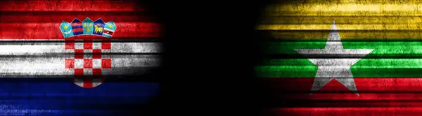 Horvátország Mianmar Zászlók Fekete Háttér — Stock Fotó