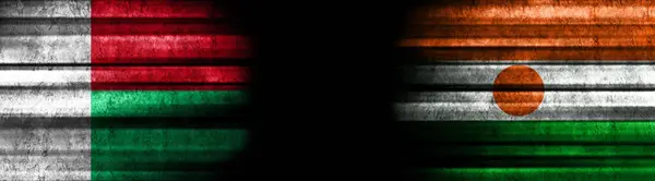 Σημαίες Μαδαγασκάρης Και Νίγηρα Μαύρο Φόντο — Φωτογραφία Αρχείου