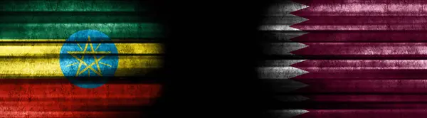 Etiópia Katar Zászlók Fekete Háttér — Stock Fotó