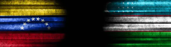 Venezuela Oezbekistan Vlaggen Zwarte Achtergrond — Stockfoto