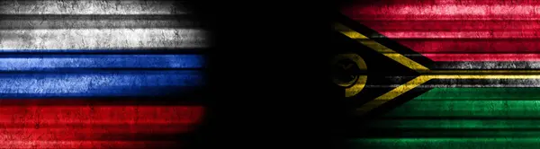 Russland Und Vanuatu Flaggen Auf Schwarzem Hintergrund — Stockfoto