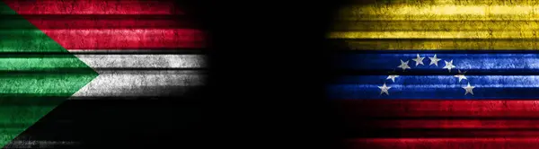 Bandeiras Sudão Venezuela Sobre Fundo Preto — Fotografia de Stock