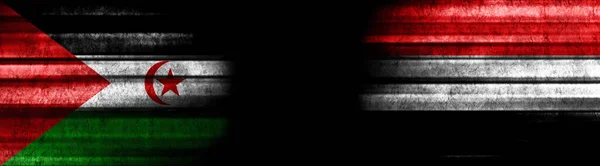 Sahrawi Arab Democratic Republic Yemen Flags Black Background — Stock Photo, Image