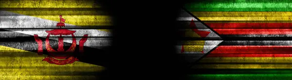 Brunei Zimbabwe Vlaggen Zwarte Achtergrond — Stockfoto