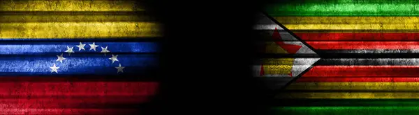 Bandeiras Venezuela Zimbábue Fundo Preto — Fotografia de Stock