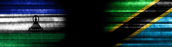 Flagi Lesotho Tanzanii Czarnym Tle — Zdjęcie stockowe