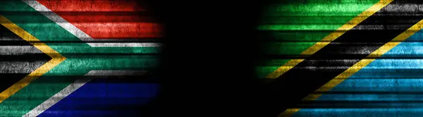 Sydafrika Och Tanzania Flaggor Svart Bakgrund — Stockfoto