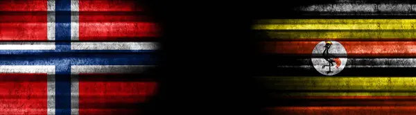 Norvégia Uganda Zászlók Fekete Háttér — Stock Fotó