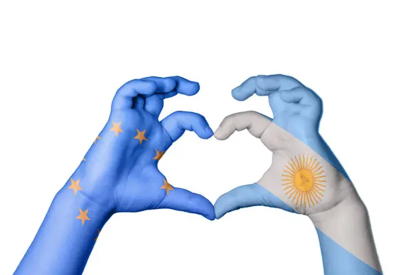 União Europeia Argentina Coração Gesto Mão Fazendo Coração Clipping Path — Fotografia de Stock