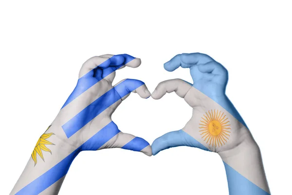 Ουρουγουάη Αργεντινή Καρδιά Χειρονομία Χέρι Κάνει Καρδιά Ψαλίδισμα Διαδρομή — Φωτογραφία Αρχείου