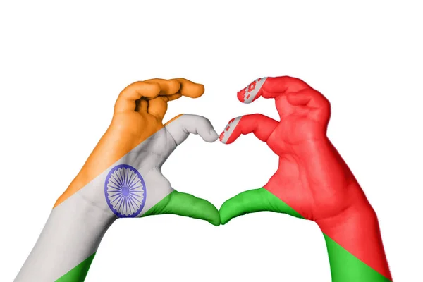 India Belarus Heart Hand Gesture Making Heart Clipping Path — Stock Photo, Image