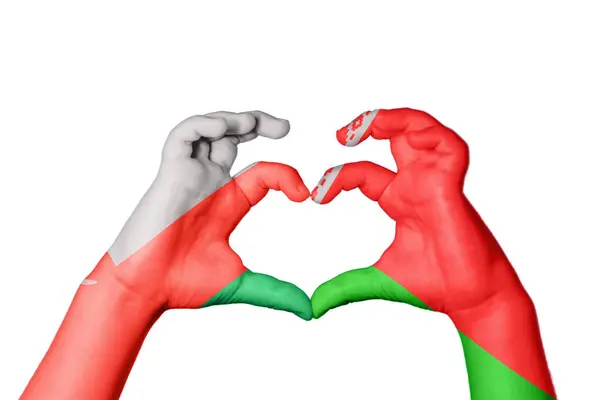 Oman Belarus Heart Hand Gesture Making Heart Clipping Path — Stock Photo, Image