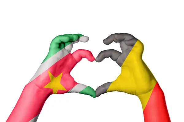 Suriname Belgium Heart Hand Gesture Making Heart Clipping Path — Stock Photo, Image