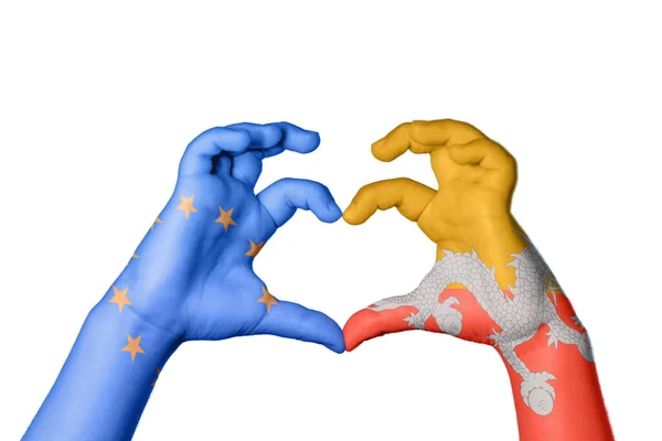 European Union Bhutan Heart Hand Gesture Making Heart Clipping Path — Stock Photo, Image