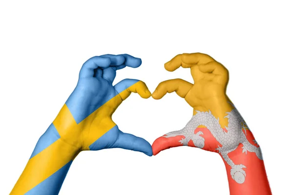 Sweden Bhutan Heart Hand Gesture Making Heart Clipping Path — Stock Photo, Image