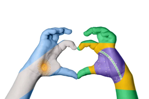 Argentyna Brazylia Serce Ręka Gestem Podejmowania Serca Ścieżka Clipping — Zdjęcie stockowe